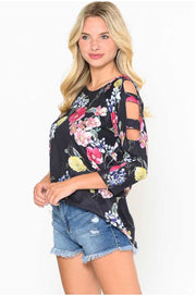 49 OS-A {Flowers In Bloom} ***FLASH SALE***Floral Print Cut Out Sleeve Top PLUS SIZE XL 2X 3X