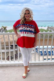 28 CP-F {Heroic Acts} Red/White/Blue Print Top PLUS SIZE 3X