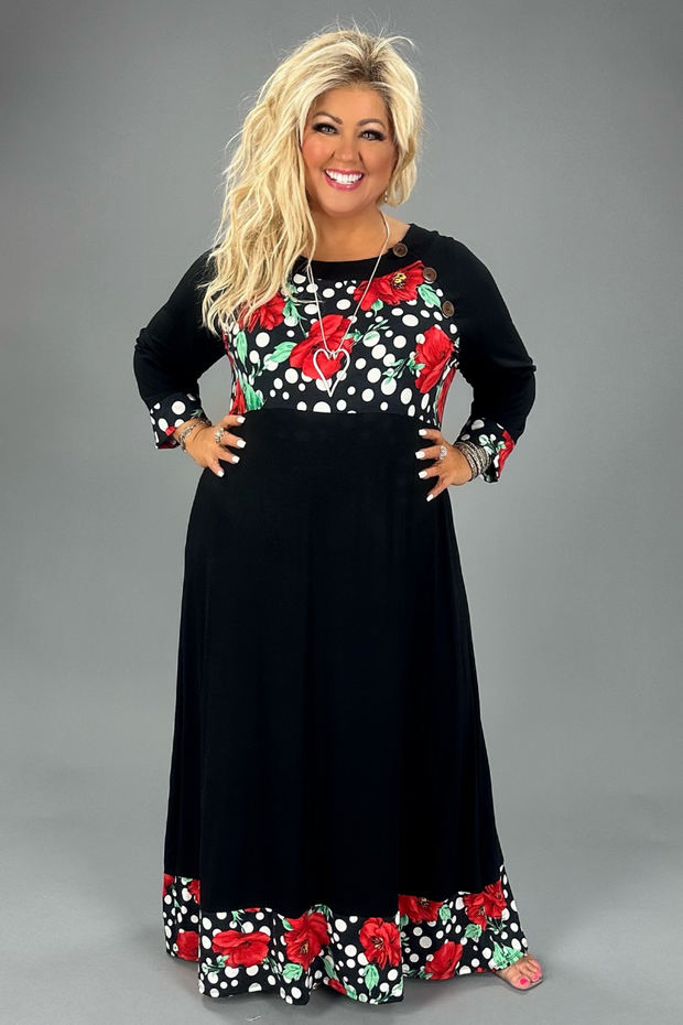 LD-R {Pure Wonder} Black and Red Floral Dot Dress PLUS SIZE 1X 2X 3X