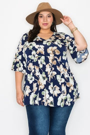 51 PSS-H {New Sight} Navy Floral Print Babydoll Top EXTENDED PLUS SIZE 3X 4X 5X