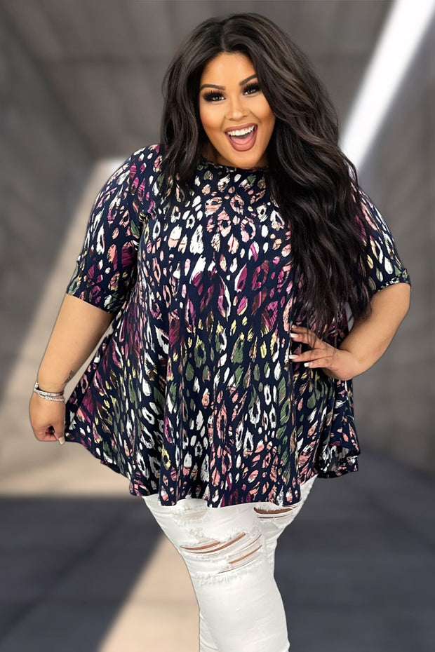 58 PSS-H {I Am Confident} Navy Print Short Sleeve Top EXTENDED PLUS SIZE 4X 5X 6X