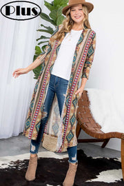 LD-Q  {Aztec Vision} Taupe Aztec Print Duster w/Pockets PLUS SIZE 1X 2X 3X