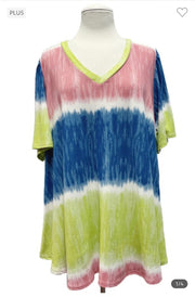 97 PSS-B {High Score} Multi-Color Striped Tie Dye Top PLUS SIZE 1X 2X 3X