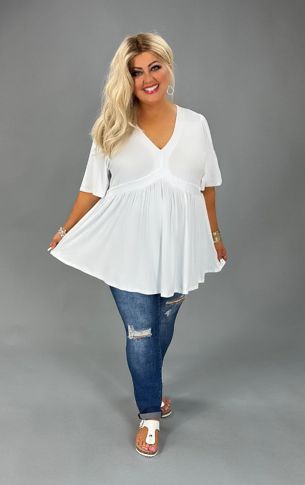 99 SSS-K {Catching Glances} White  SALE!! V-Neck Babydoll Tunic CURVY BRAND!!!  EXTENDED PLUS SIZE XL 2X 3X 4X 5X 6X