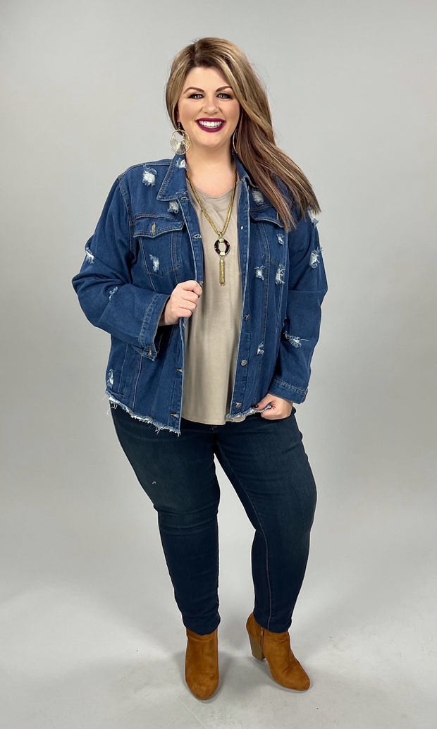 21 OT-C {Wrangle Me Up} Distressed Denim Jacket PLUS SIZE 1X/2X  2X/3X