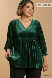 15 SQ-B {Back In Town} Umgee Evergreen Velvet Babydoll Top PLUS SIZE XL 1X 2X