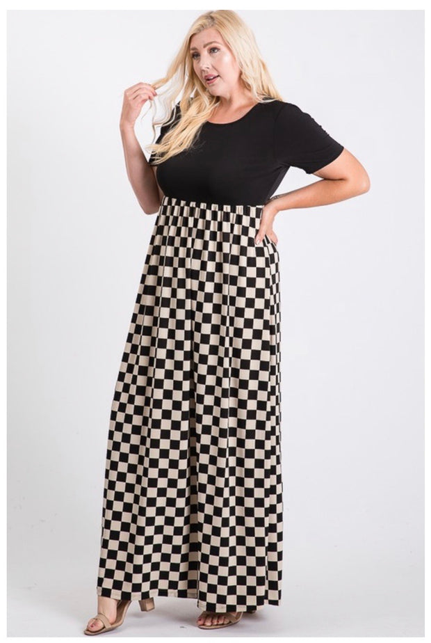 LD-C {Checker Board} Black/Cream Checkered Print Maxi Dress PLUS SIZE 1X 2X 3X