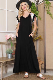 LD-R {Everyday Stunner} ***SALE***Black Long Dress Floral Sleeves PLUS SIZE 1X 2X 3X