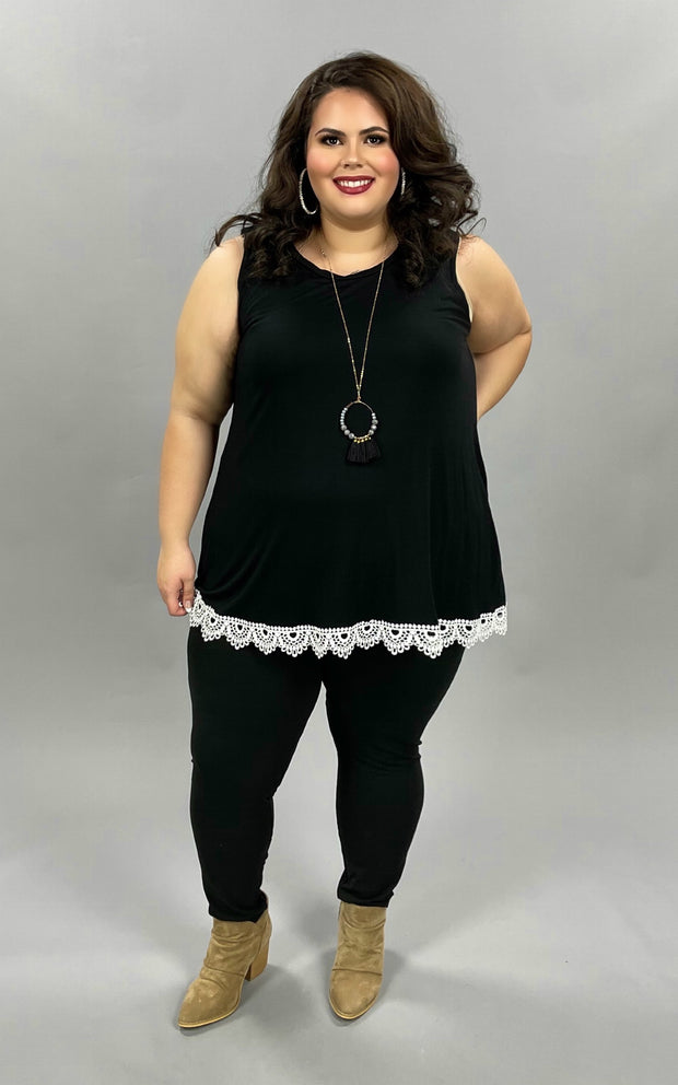 45 SV-A {Praying Daily} Black ***SALE***Sleeveless Tunic Lace Hem Plus Size XL 2X 3X