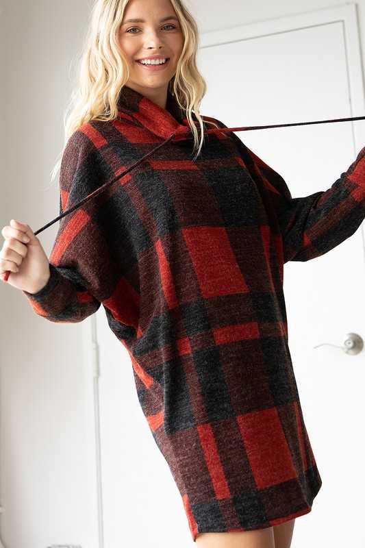 23 PLS-A {State Of Grace} Red Plaid Cowl Neck Tunic PLUS SIZE XL 2X 3X