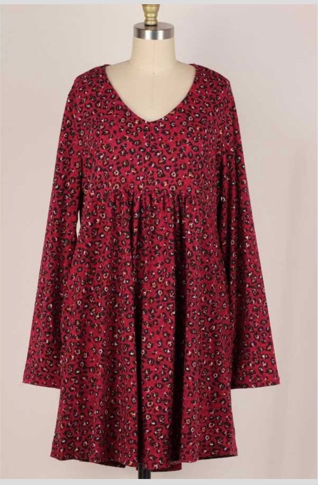 62 OR 35 PLS-C {For The Love Of Style} Burgundy Print Babydoll Dress PLUS SIZE 1X 2X 3X