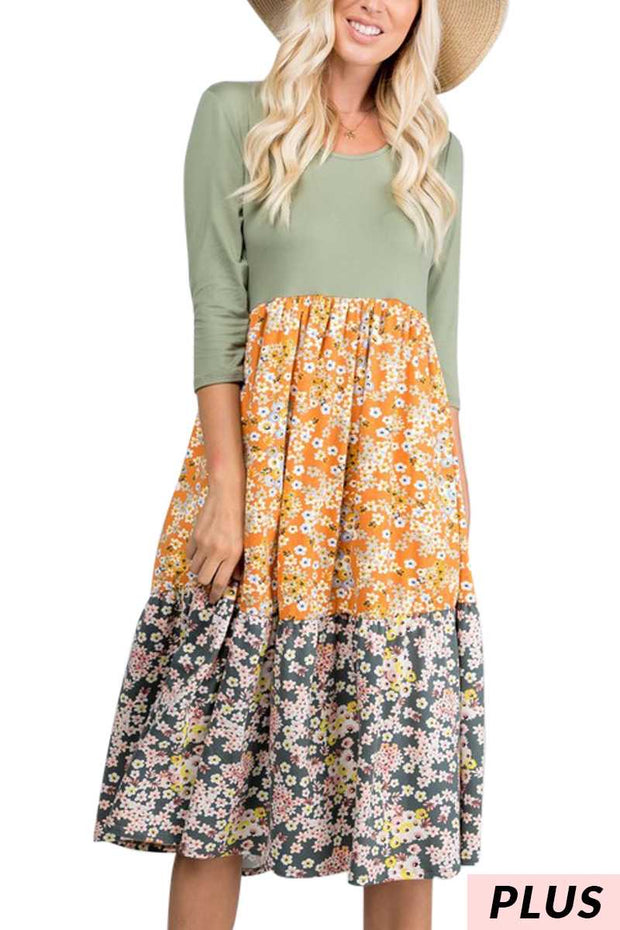 LD-Z {Fields of Joy} Sage/Daisy Print Dress PLUS SIZE 1X 2X 3X