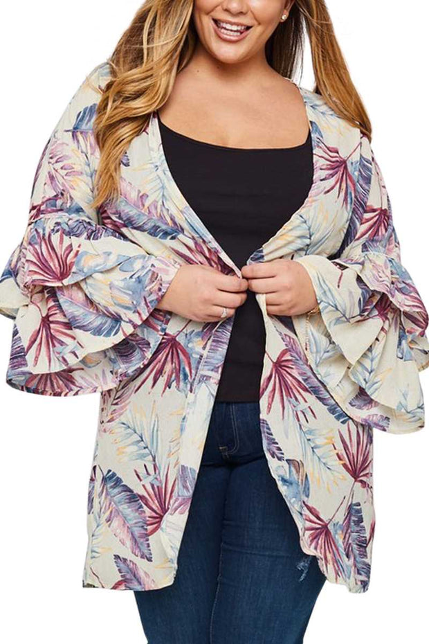 OT-H {I'm On Beach Time} Sangria/Navy/Mustard Cardigan With Palm Leaf Design PLUS SIZE 1X 2X 3X SALE!!