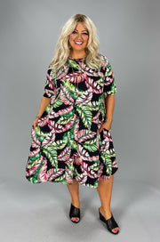 95 PSS-R {Tropical Illusion} ***SALE***Black Tropical Leaf Print Dress EXTENDED PLUS SIZE 3X 4X 5X