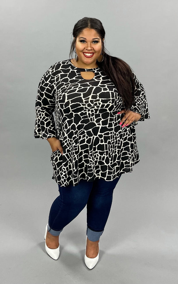 93 PQ-A {Love Deeply} Black/Ivory Print Keyhole Top  EXTENDED PLUS SIZE 1X 2X 3X 4X 5X 6X