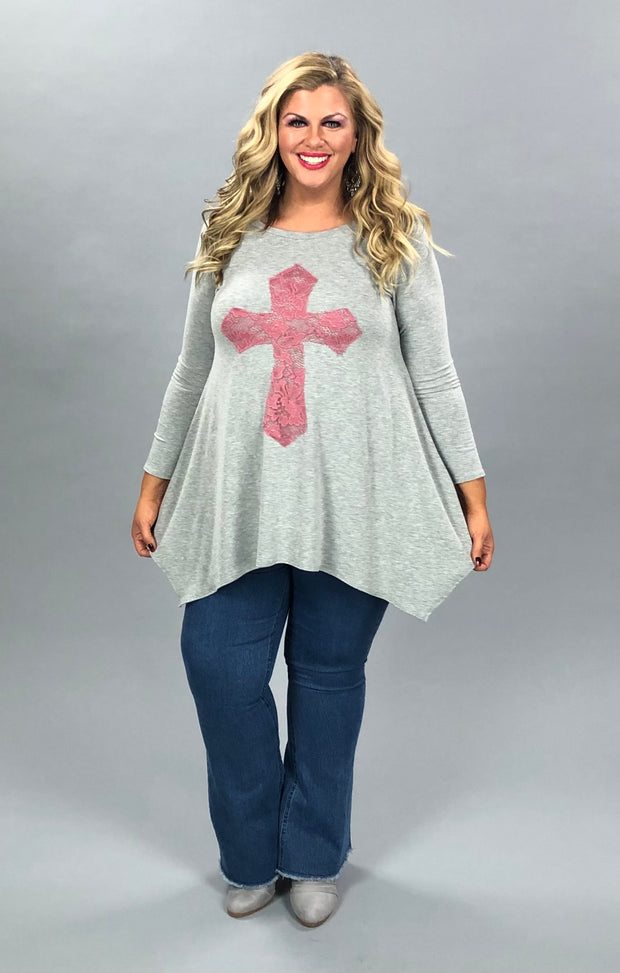 29 GT-C {Don't Cross Me} Grey Pink Cross Detail Top PLUS SIZE XL 2X 3X