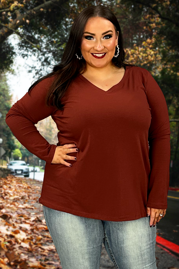 88 SLS-G {Keeping It Together} Dk. Rust V-Neck Top PLUS SIZE 1X 2X 3X