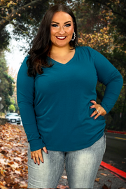 88 SLS-C {Keeping It Together} Teal Long Sleeve V-Neck Top PLUS SIZE 1X 2X 3X