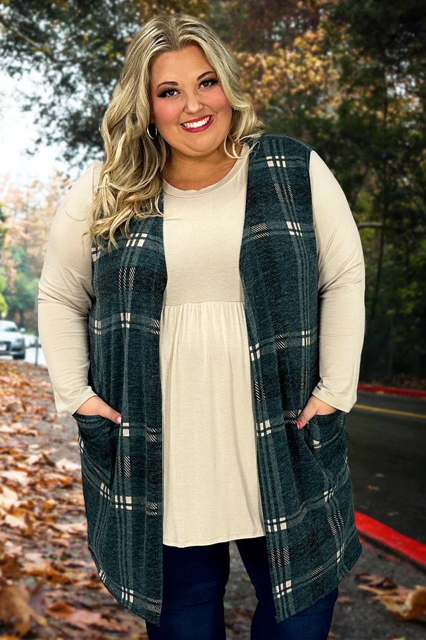 91 OT-B {Keep On Plaid} Green Plaid Vest w/Side Pockets EXTENDED PLUS SIZE 3X 4X 5X