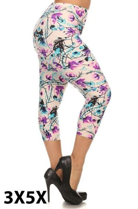 LEG 98  {Spring Time} Purple Floral High Waist Capri Leggings Extended Plus