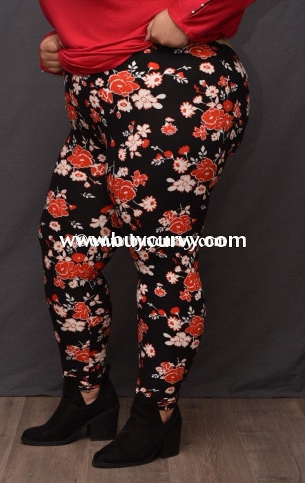 Leg/cp-Black Leggings With Red & White Floral Print