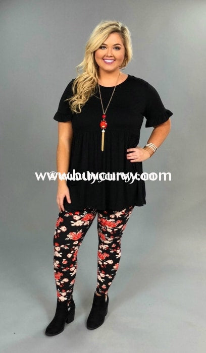 Leg/cp-Black Leggings With Red & White Floral Print