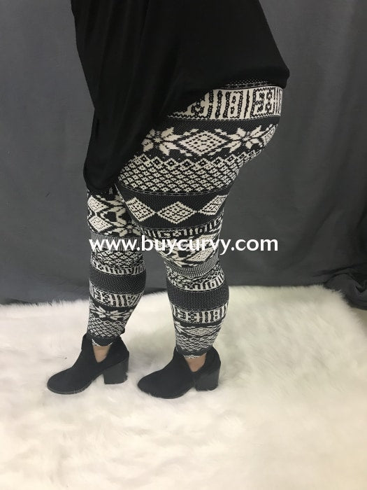 Leg/gt -Black/white Snowflake Print Leggings