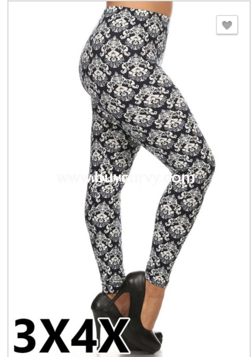 Leg/pss-Blue & White Damask Print Leggings