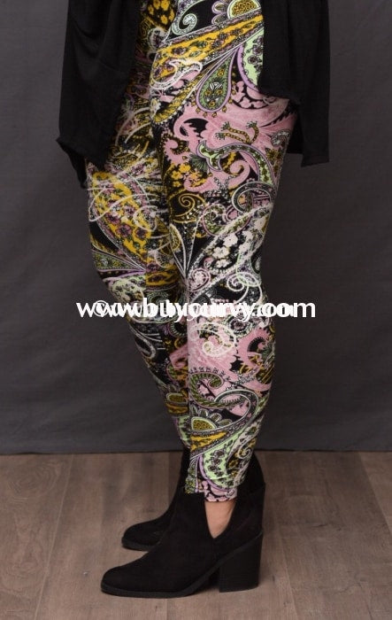 Leg/pss-Pink Lime & Yellow Paisley Print Leggings