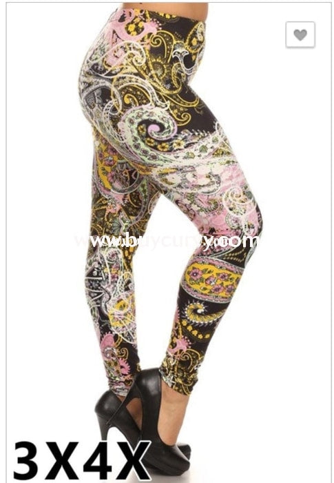 Leg/pss-Pink Lime & Yellow Paisley Print Leggings