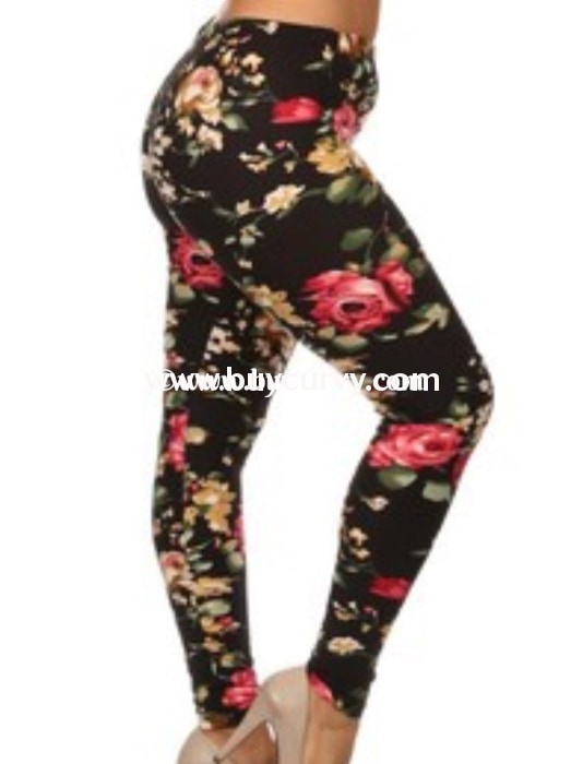 Leg/sd-Black Leggings With Pink & Gold Rose Print