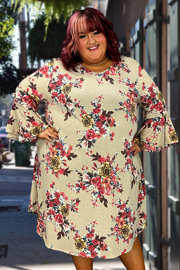 64 PQ-M {Love And Honey} ***SALE*** Taupe Floral Bell Sleeve Dress EXTENDED PLUS SIZE 3X 4X 5X