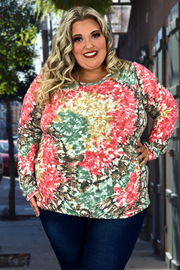 32 PLS-N {Made To Shine}  ***FLASH SALE***Red/Green Tie Dye Top PLUS SIZE1X 2X 3X