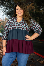 90 CP-A {Make Me Believe} Grey/Burgundy Leopard Tiered Top PLUS SIZE 1X 2X 3X