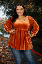 30 SQ-I {Nice & Special} Dk Pumpkin Velvet V-Neck Top PLUS SIZE XL 1X 2X