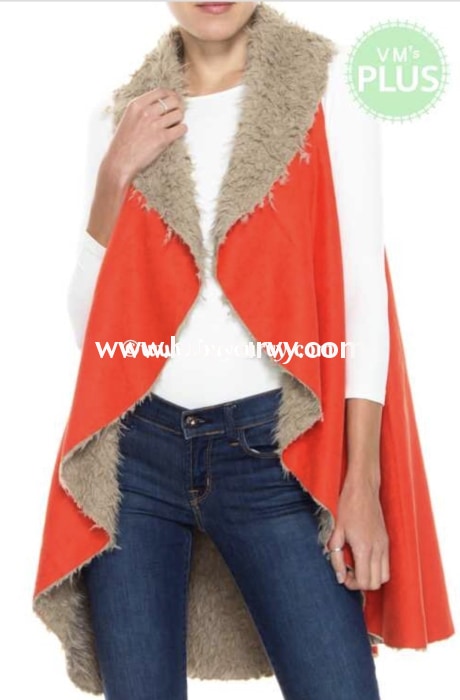 Ot-F {Greatest Love} Tomato Red Faux Fur & Suede Vest Outerwear