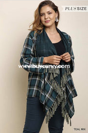 Ot-X Umgee Teal Plaid Cardigan With Roll-Tab Sleeves Outerwear