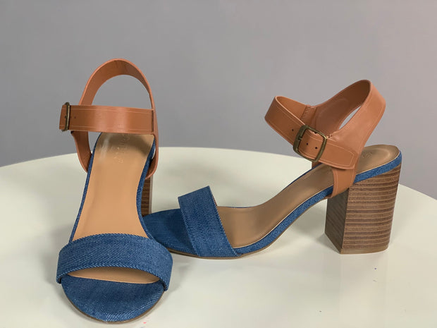 SHOES {Round We Go} Denim & Tan Ankle Strap Block Heels