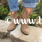 Shoes-Beige Cowboy Style Boots With Star Studs & Fringe Detail Sale! Shoes