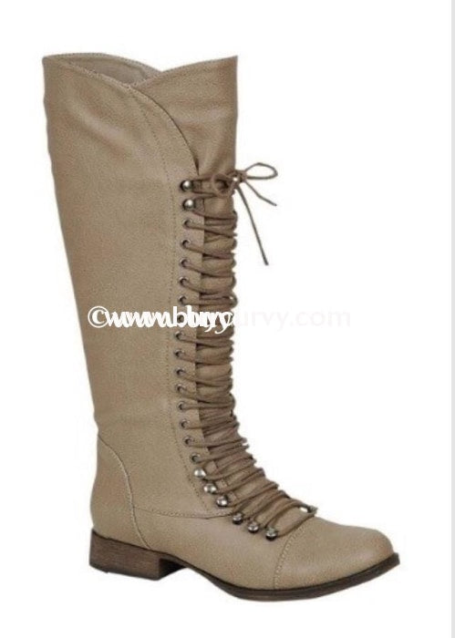 Shoes-Breckelles Beige Tall Mid-Calf Lace Up Boots Shoes