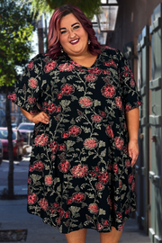 86 PSS-C {Soulful Looks} ***SALE***Black w/ Red Floral Print Dress EXTENDED PLUS SIZES 3X 4X 5X