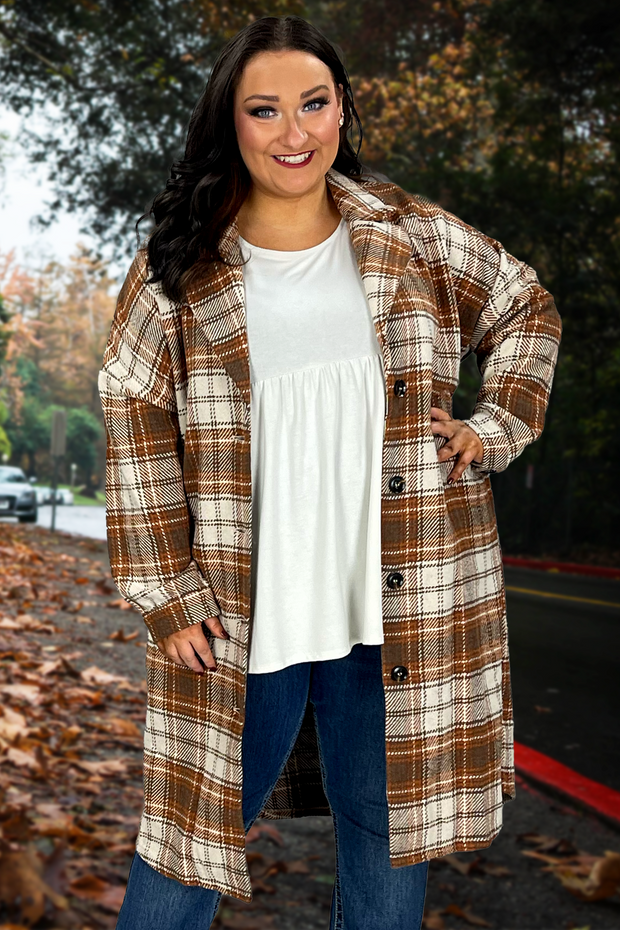 32 OT-D {Starting Again} "Umgee" Camel Plaid Button Up Shacket PLUS SIZE XL 1X 2X