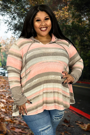 96 HD-J {Sweetness Is Here} Coral/Mocha Striped Hoodie PLUS SIZE 1X 2X 3X