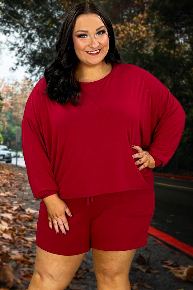 21 SET-C {The Good Life} Red Long Sleeve Short Set PLUS SIZE 1X 2X 3X