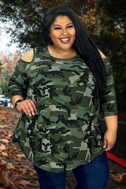 33 OS-J {The Hunt Is Here} Olive Camo Print Open Shoulder Top CURVY BRAND!!! EXTENDED PLUS SIZE 1X 2X 3X 4X 5X