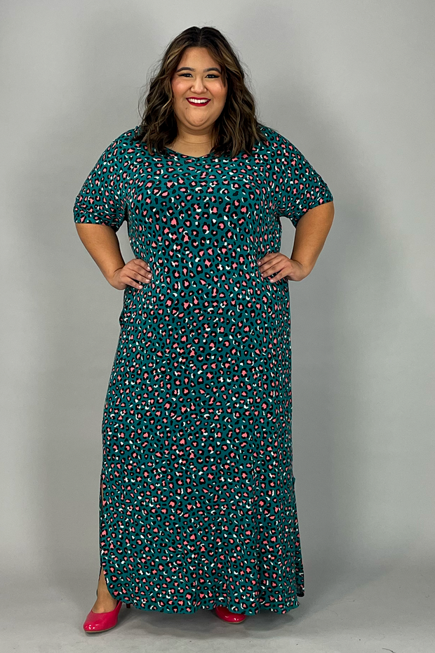 LD-D {Wild Living} Teal Animal Print V-Neck Long Dress EXTENDED PLUS SIZE 3X 4X 5X