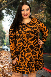 95 PLS-E {Wild Talking} Burnt Orange Print Long Sleeve Dress PLUS SIZE 1X 2X 3X