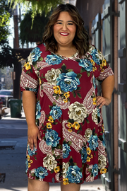 55 PSS-F {Wine Garden} Wine Floral V-Neck Dress EXTENDED PLUS SIZE 3X 4X 5X