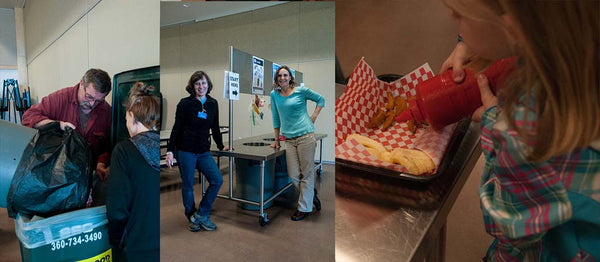 Putting Clean Compost into Food Plus, Waste Supervisor Volunteers Mardi & Heather, Reusable Condiment Squeeze Bottles