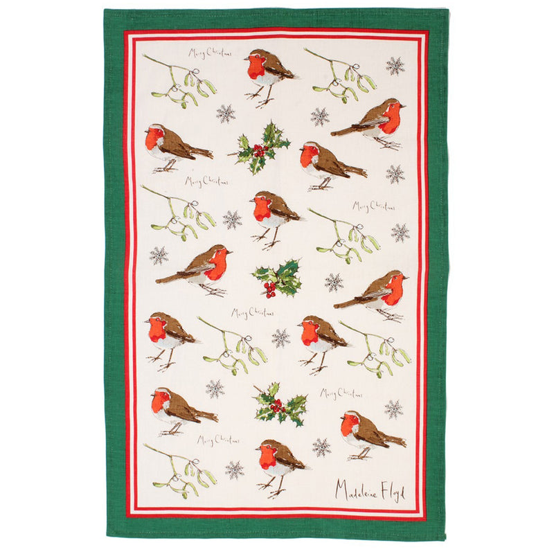 Christmas Tea Towel with Robin and Holly Berries Design